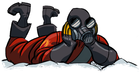 The RED Pyro from Team Fortress 2, lying down happily on some snow.