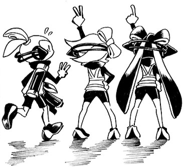 A male Agent 3, Marie, and Callie from Splatoon 1's Hero Mode credits. They're posed triumphantly, facing away.